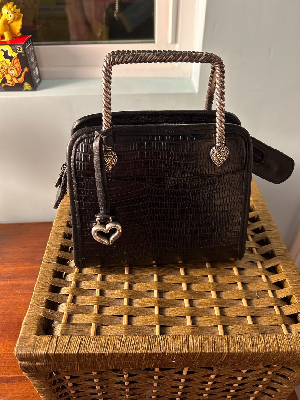 Vintage Brighton Black Croc-Embossed Metal Top-Handle Bag Heart Charm